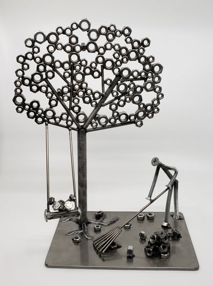 Handcrafted metal tree sculpture made from reclaimed nuts, bolts, and welded steel by DeskPets in Vermont.