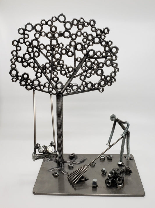 Handcrafted metal tree sculpture made from reclaimed nuts, bolts, and welded steel by DeskPets in Vermont.